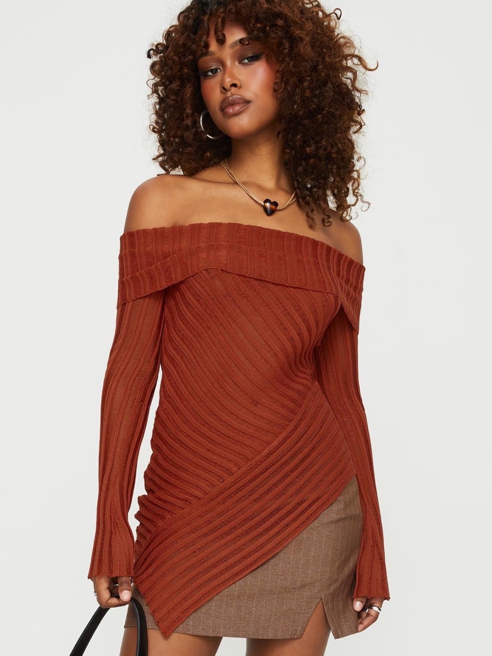 Princess Polly Cloud Sweater Rust Off Shoulder Ribbed Knit S/M